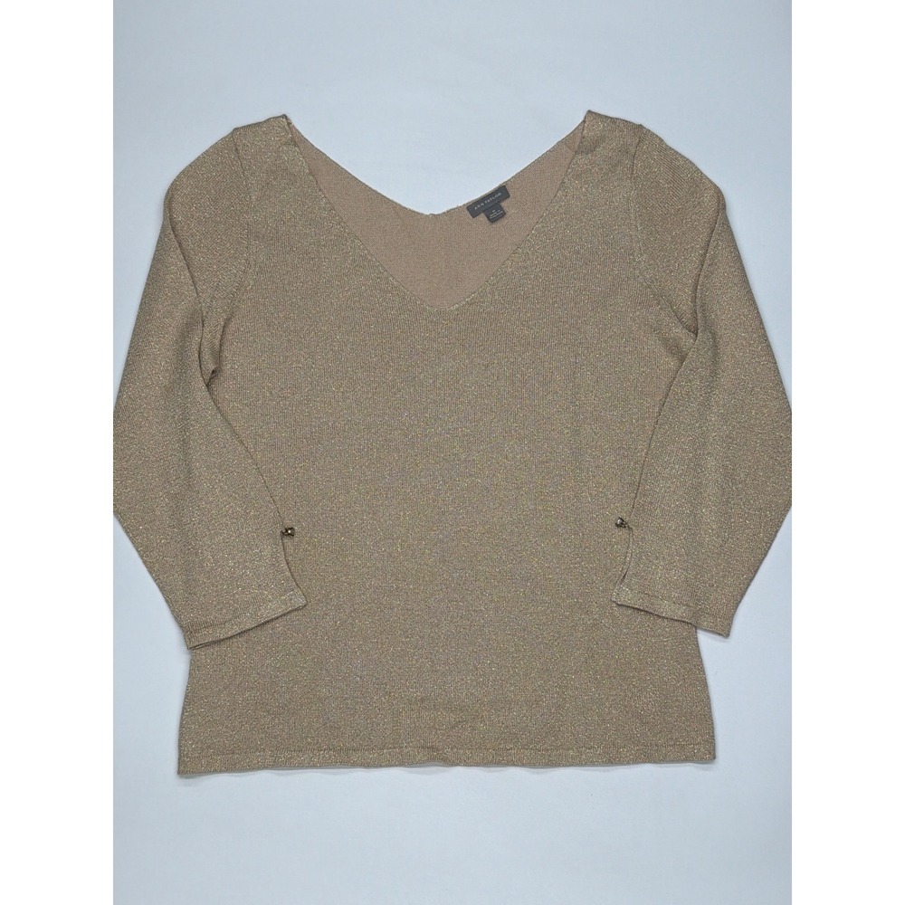 Ann Taylor Metallic V Neck 3/4 Sleeve Knit‎ Top Gold Sparkle M